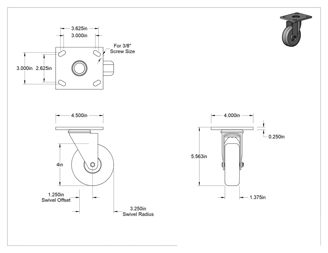Teknik Çizim - 4-1/2" x 4" Plakalı Parlak Yüzeyli Tekerlek, 4" Çapında Kauçuk Tekerlekli Döner Tekerlek