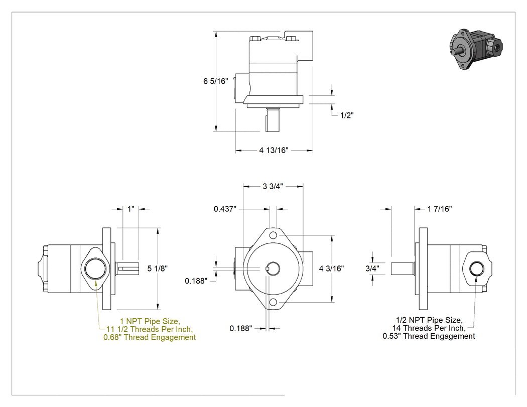 Teknik Çizim - Hidrolik Döner Kanatlı Pompa, NPT Karşı Portlu, 3 gpm @ 1200 rpm, 6-5/16" Uzunluk
