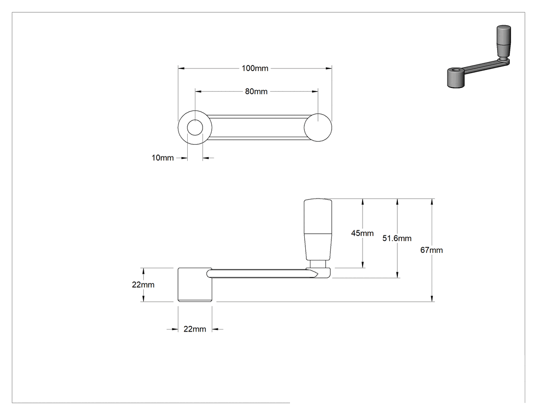Teknik Çizim - 304 Paslanmaz Çelik Dişsiz Delik Montajlı Krank Kolu, Düz Kollu Dönen Tutamak, 80 mm Tutamak Uzunluğu