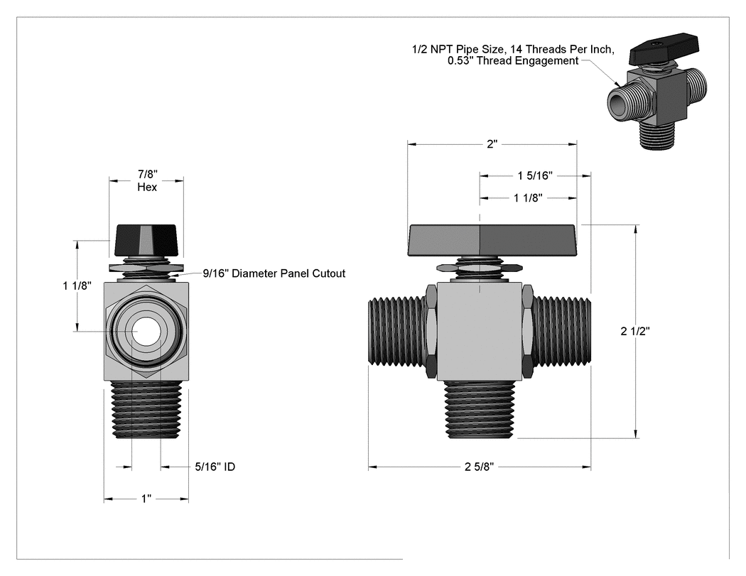 Teknik Çizim - Yön Değiştirme Valfi, Panel Montajı, L-Desen, Pirinç, 1/2 NPT Erkek, 2.74 Cv