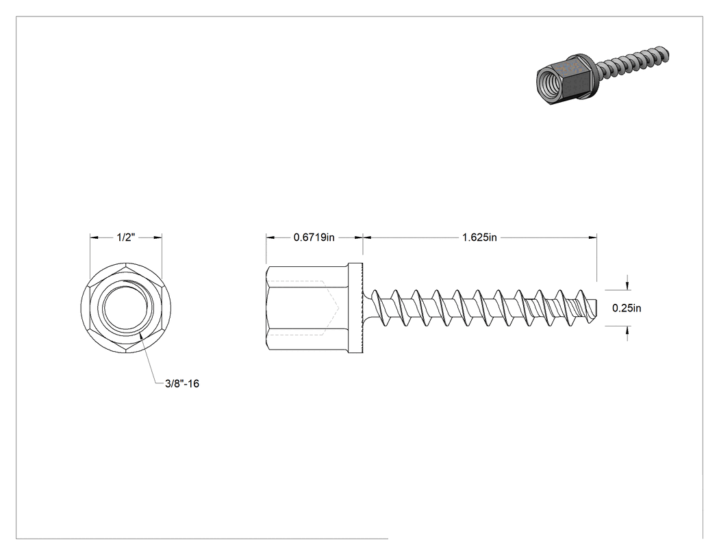 Teknik Çizim - Gijon Ankrajı, Tavan, 3/8"-16 Dişli için, 675 lb. Kapasite, 1/4" Vida Boyutu