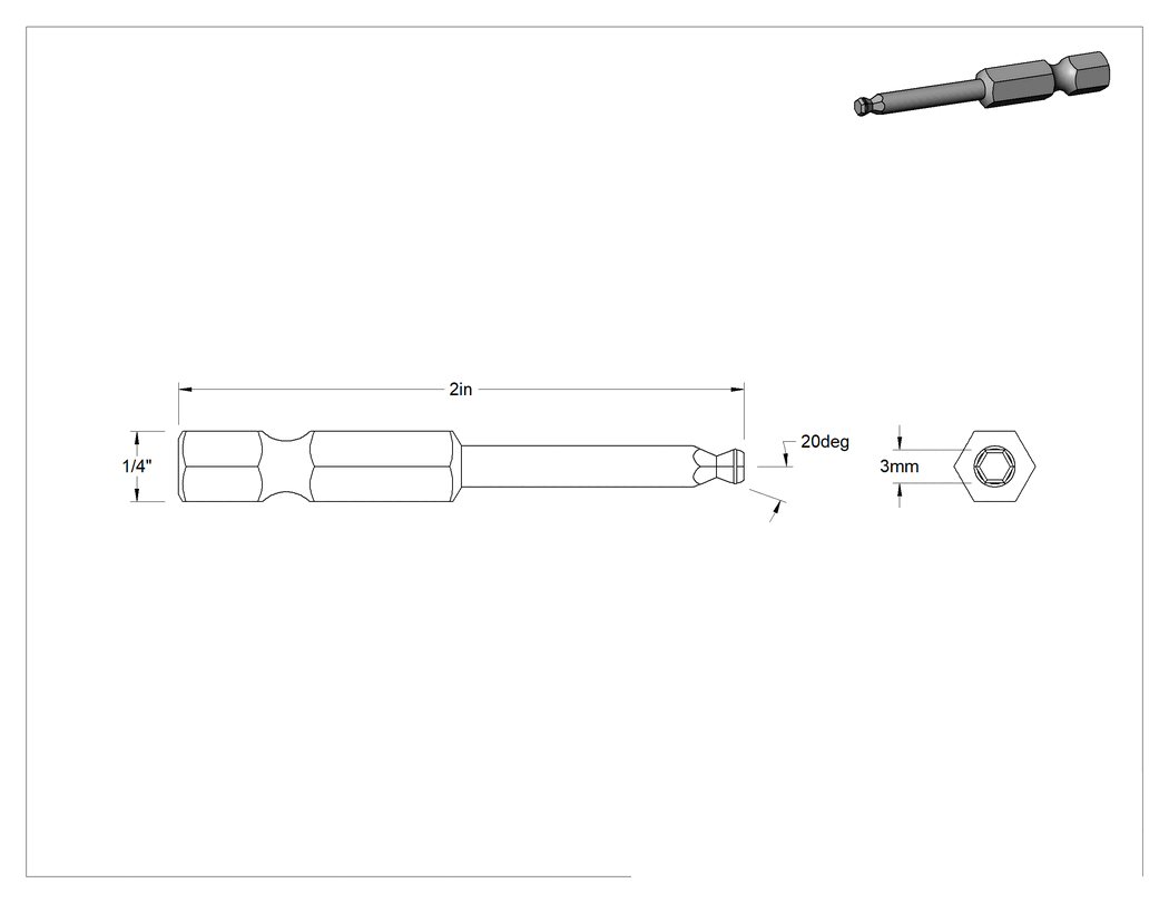 Teknik Çizim - Küresel Uçlu Vida Tutucu Altıgen Uç, 1/4" Altıgen Şaft, 3 mm Altıgen Boyut