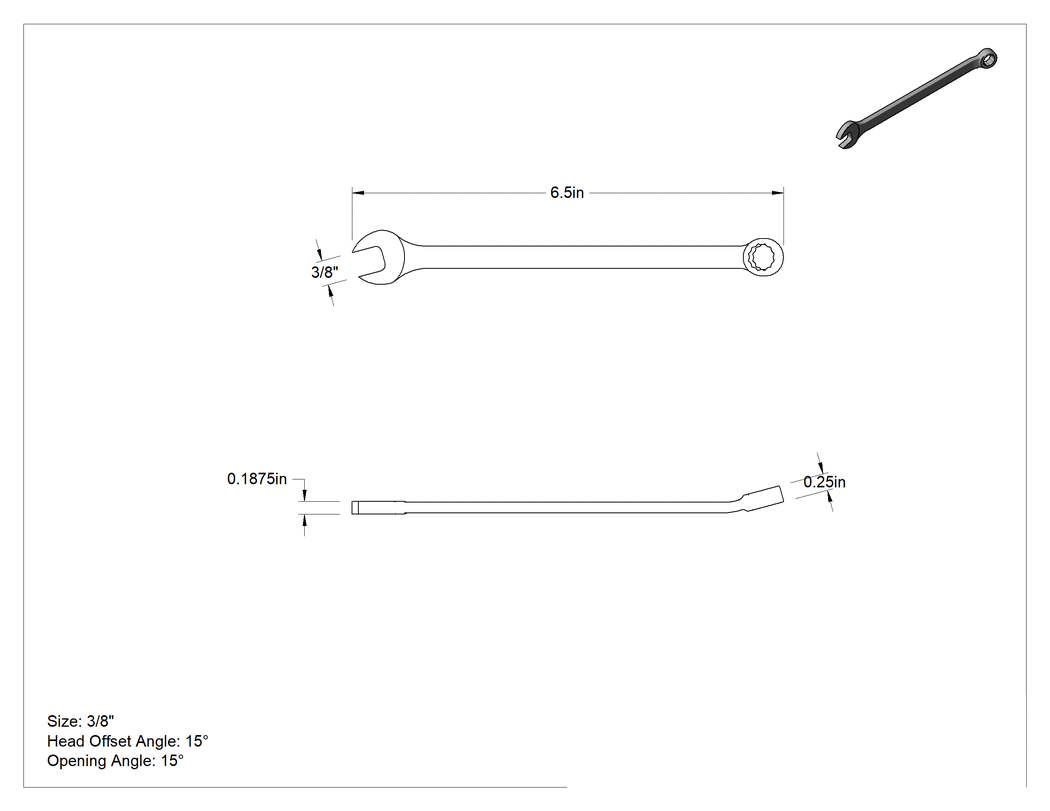 Teknik Çizim - Parlatılmış Krom Kaplama Kombinasyon Anahtarı, 12 Noktalı Açıklıklı, 3/8" Boyut, 6-1/2" Toplam Uzunluk
