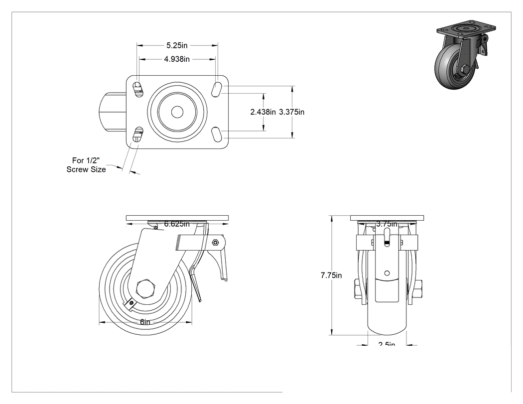 Teknik Çizim - 6-5/8" x 4-3/4" Plakalı Kolay Dönen Tekerlek, Yüksek Kapasiteli, Frenli ve 6 inç Çapında Kırmızı Poliüretan Tekerlekli Döner Ayak