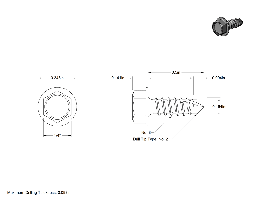Teknik Çizim - 18-8 Paslanmaz Çelik Flanşlı Altıköşe Başlı Delme Vidaları, Numara 8 Vida, 1/2" Uzunluk, 2 Numara Matkap Ucu
