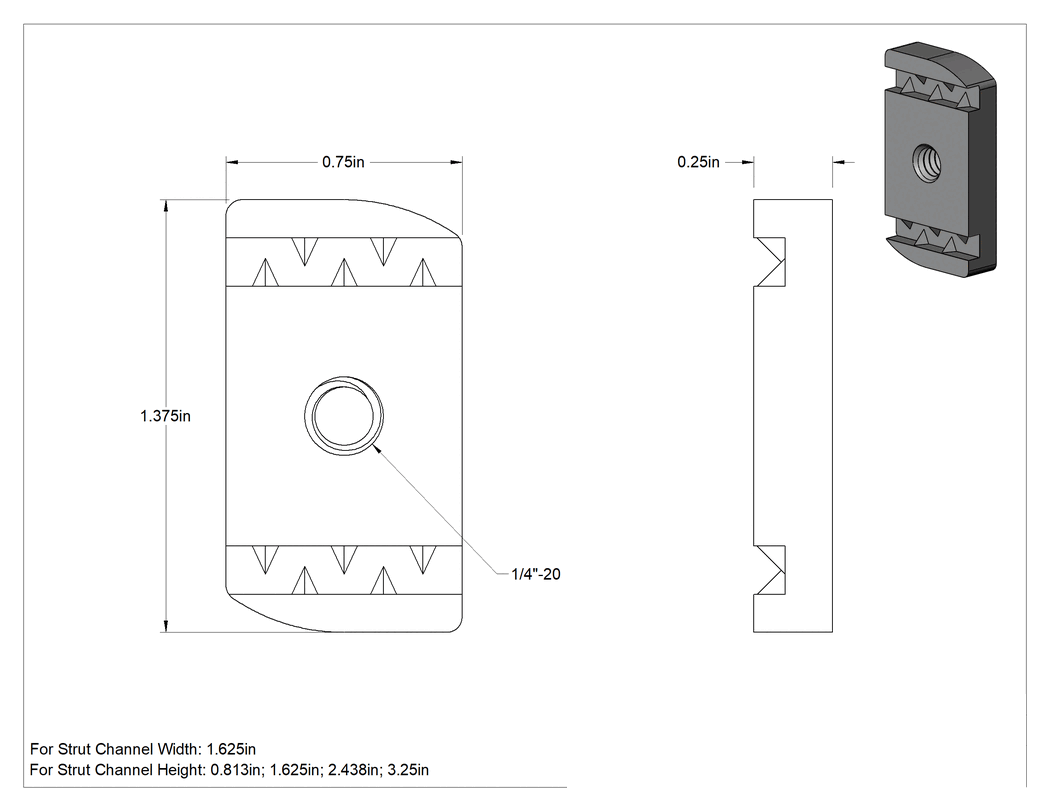 Teknik Çizim - Strut Kanal Somunu, Galvanizli Çelik, 1/4"-20 Diş Boyutu