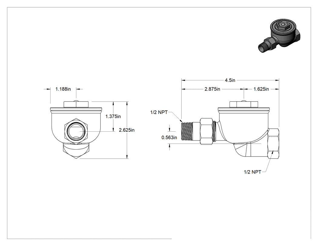 Teknik Çizim - Pirinç Buhar Kapanı, Yatay Yönlendirme, 1/2 NPT Erkek x Dişi, 25 PSI