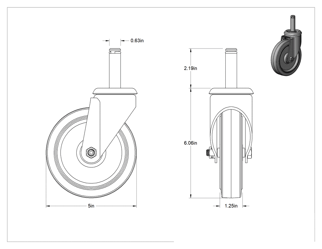 Teknik Çizim - Sürtünmeli Tutuşlu Mil Dönüşlü Tekerlek, Kavrama Halkası ve 5" Çapında 65A Kauçuk Tekerlekli