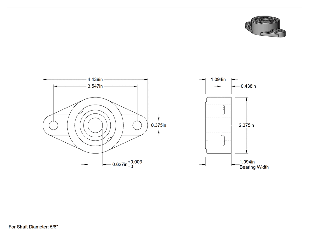Teknik Çizim - Aşırı Sıcaklığa Dayanıklı Montajlı Burçlu Yatak, İki Cıvatalı Flanşlı, 5/8" Mil Çapı için