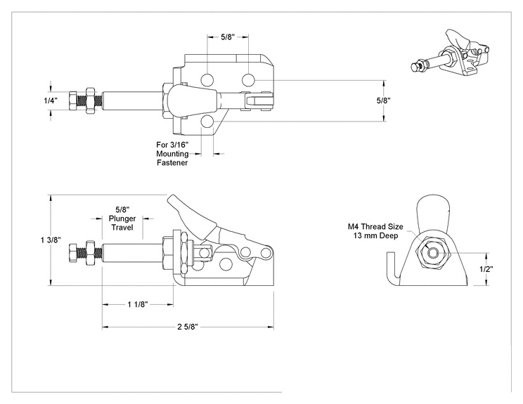 Teknik Çizim - İt/Çek Mandal Kelepçe, Kompakt, 18-8 Paslanmaz Çelik, 150 lbs. Tutma Kapasitesi, M4 Diş Boyutu