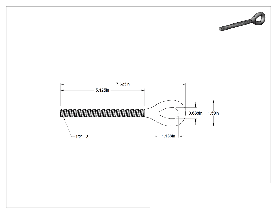 Teknik Çizim - Dövme Galvanizli Çelik Gerdirme, Sadece Göz Bağlantı Parçası, 1/2"-13 Sol Dişli, 5-9/16" Diş Uzunluğu