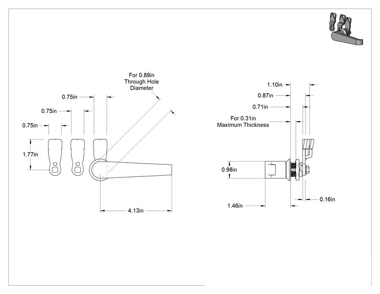 Teknik Çizim - 316 Paslanmaz Çelik Yıkanabilir L-Kolu Kam Mandalı