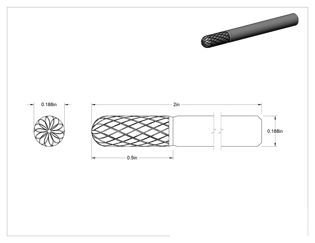 Teknik Çizim - 3/16" Çaplı Şaftlı Karbür Freze Ucu, Yuvarlak Silindir, Anma Numarası SC-81, Çift Kesimli Diş