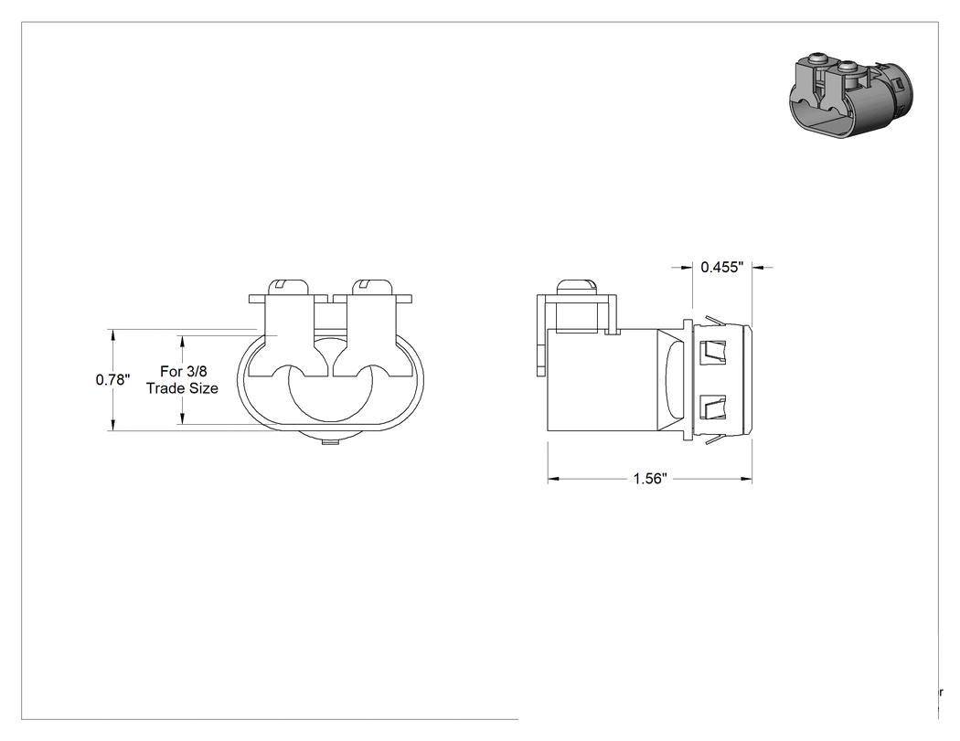 Teknik Çizim - Esnek Metal Kanal ve Zırhlı Kablo için 3/8 Kanal x 1/2 Delikli Y Adapteri