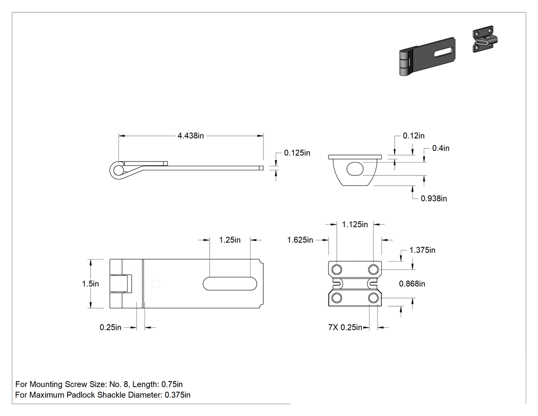 Teknik Çizim - Asma Kilitli Mandal, 4-1/2" x 1-1/2" x 1/8" Kollu, Çinko Kaplı Çelik