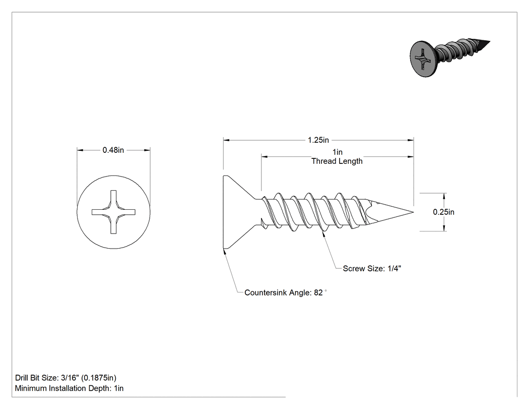 Teknik Çizim - Duvar ve Beton için 410 Paslanmaz Çelik Kılavuzlu Vida, Havşa Başlı Phillips, 1/4" Vida Boyutu, 1-1/4" Uzunluk
