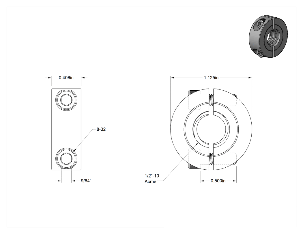 Teknik Çizim - İki Parçalı Sıkıştırmalı Acme Kılavuz Vida Bileziği, 303 Paslanmaz Çelik, 1/2"-10 Diş Boyutu