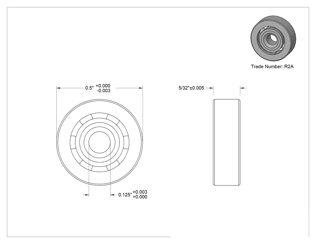 Teknik Çizim - Rulman, Kuru Çalışma, Açık, Numara, R2A, PEEK, 1/8" Mil Çapı için