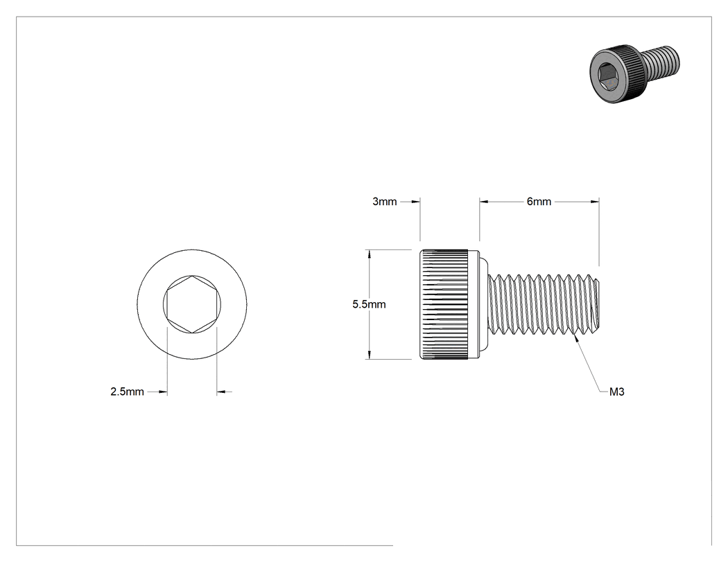 Teknik Çizim - 18-8 Paslanmaz Çelik Sızdırmaz Alyan Başlı Vida, M3 x 0.5 mm Diş Boyutu, 6 mm Uzunluk