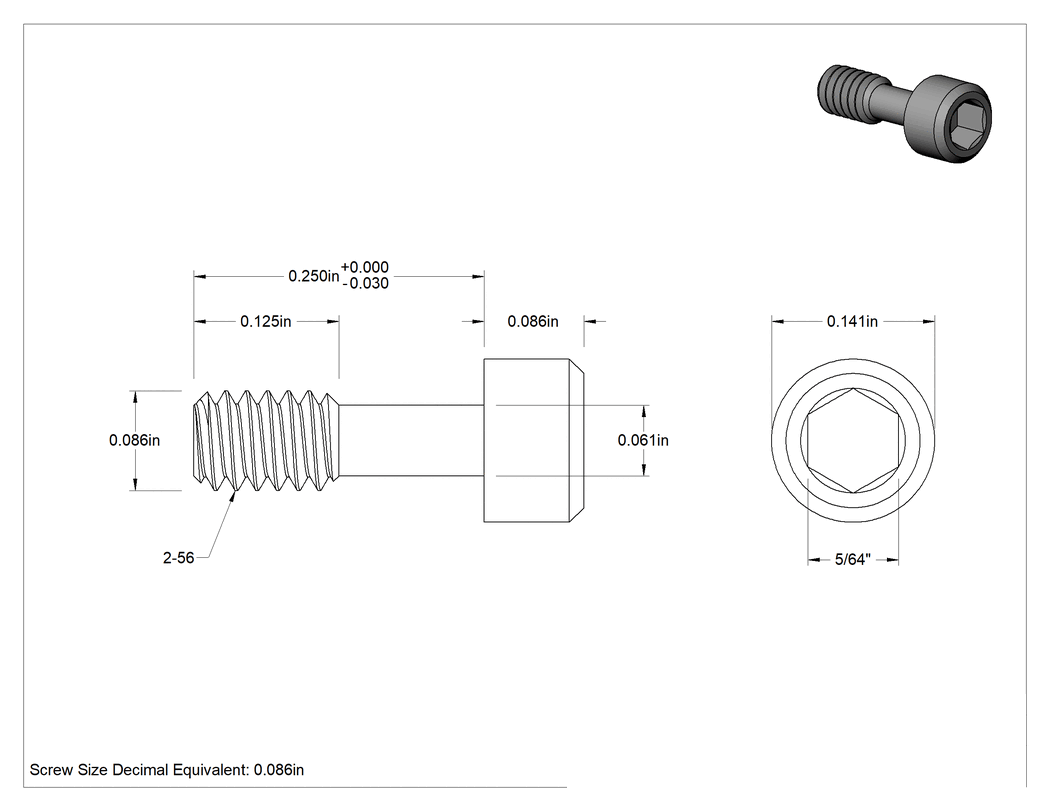Teknik Çizim - Alyan Başlı Sabit Panel Vidası, 2-56 Diş Boyutu, 1/4" Uzunluk