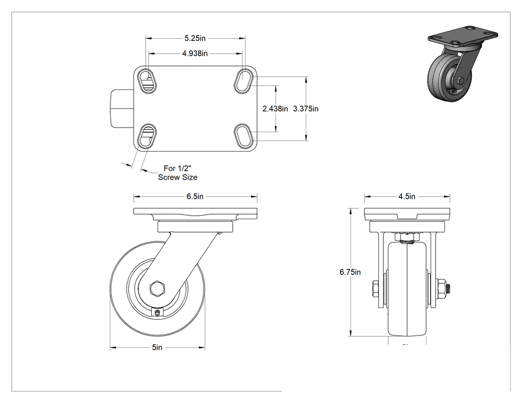 Teknik Çizim - 6-1/2" x 4-1/2" Plakalı Yüksek Kapasiteli Kingston Tekerlek, 5" Çaplı Fenolik Tekerlekli Döner