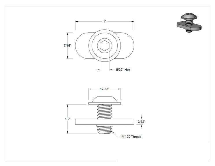Teknik Çizim - T-Yivli Çerçeve, Uç Beslemeli Somun ve Flanşlı Düğme Başlı Somun, 1" ve 25 mm Ray