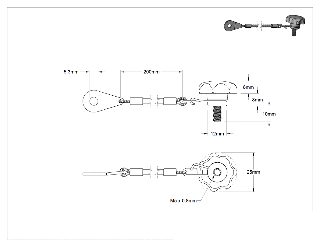 Teknik Çizim - Bağlantılı Dişli Saplı Düğme, Yedi Kollu Tutamaklı, M5 x 0.8 mm Diş