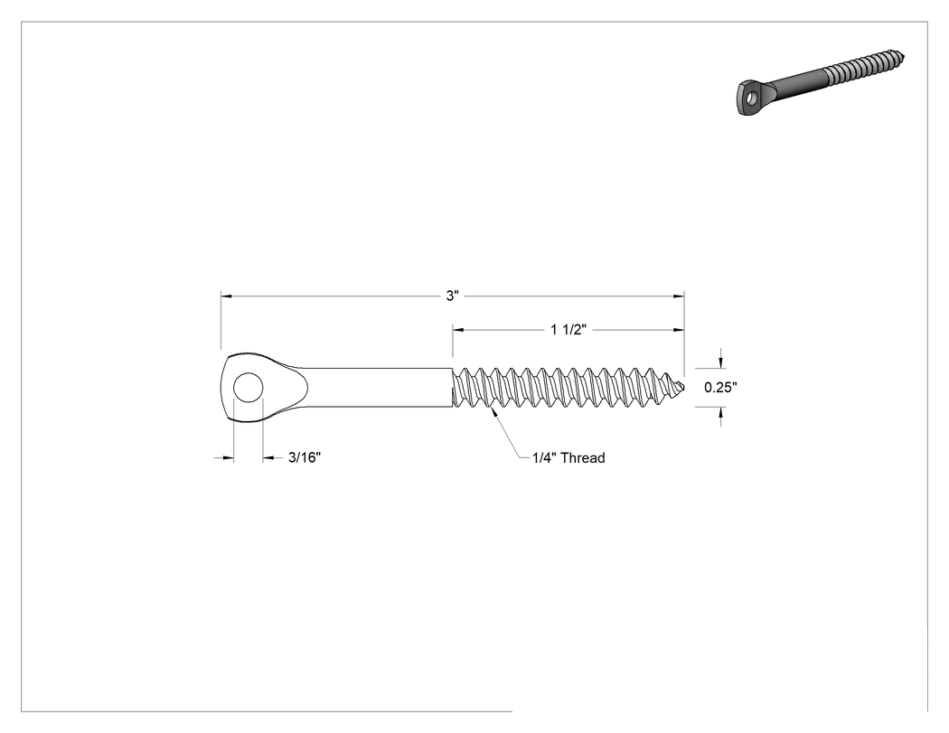 Teknik Çizim - Ahşap Vida Tipi Askılar, 1/4" Vida Boyutu, 3" Uzunluk