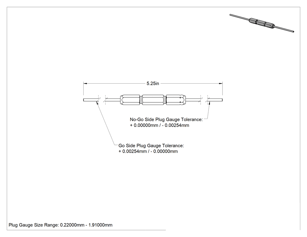 Teknik Çizim - Sınıf Z Saplı Tıkaç Ölçer, Sınıf Z, 0.2200 mm ila 1.9100 mm arası boyutlar