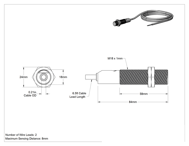 Teknik Çizim - Evrensel Nesne Yakınlık Anahtarı, Kablolu AC/DC, 1 Kapalı, 18 mm Çap