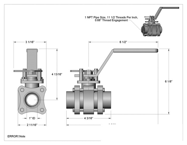 Teknik Çizim - Temizlenmiş ve Torbalı 316 Paslanmaz Çelik Açma/Kapama Vanası, 1 NPT Dişi