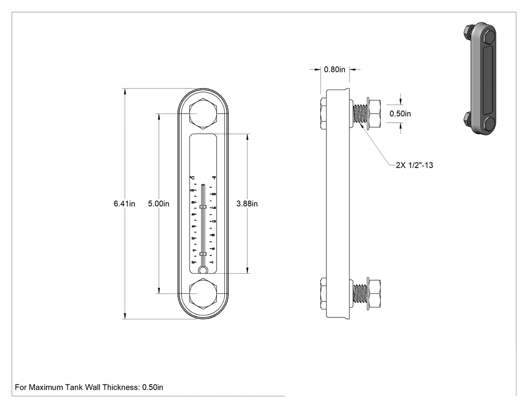 Teknik Çizim - Kırılmaya Dayanıklı Yağ Seviyesi ve Sıcaklık Göstergesi, Çelik Koruyuculu Naylon, 1/2" Delik Çapı için, 5" Merkezden Merkeze