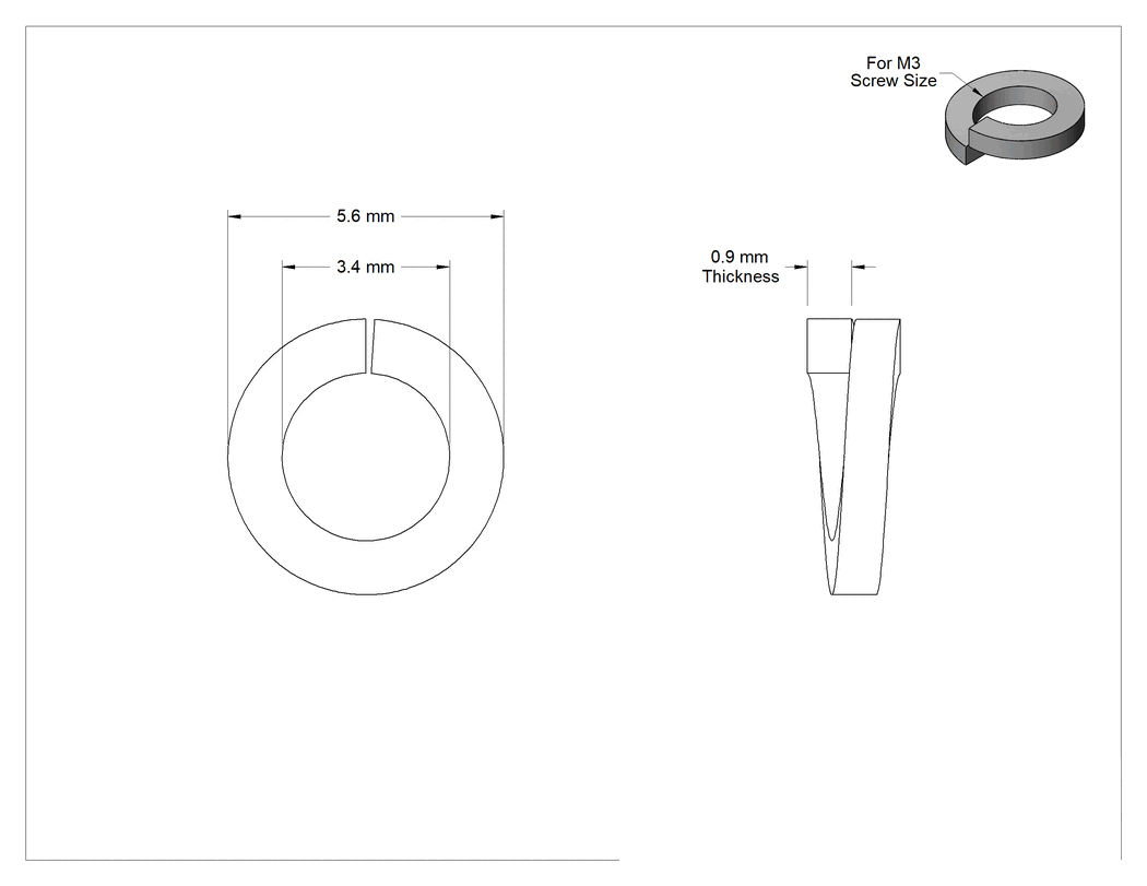 Teknik Çizim - 316 Paslanmaz Çelik Yarı Ayrık Kilit Pul, M3 Lokma Başlı Vidalar için, 3.4 mm İç Çap, 5.6 mm Dış Çap