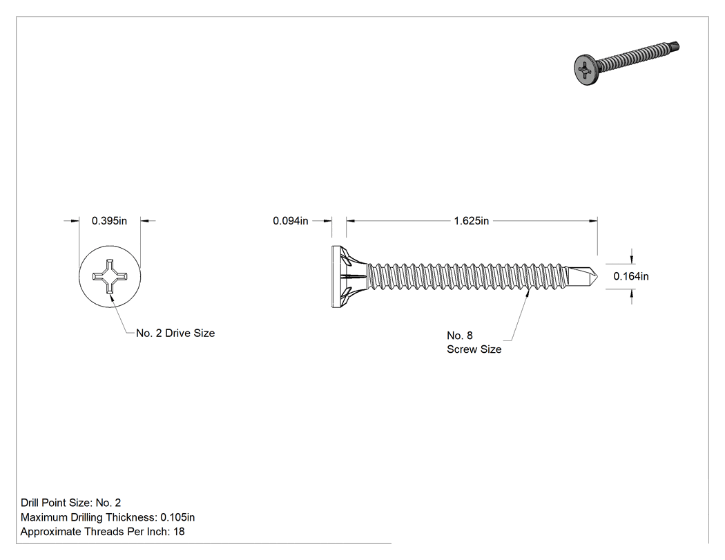 Teknik Çizim - Çelik Sıyrılmaya Dayanıklı Vidalar, Alçıpanın Metal Çerçeveye Delinmesi için, 8 Numaralı, 1-5/8 inç Uzunluk