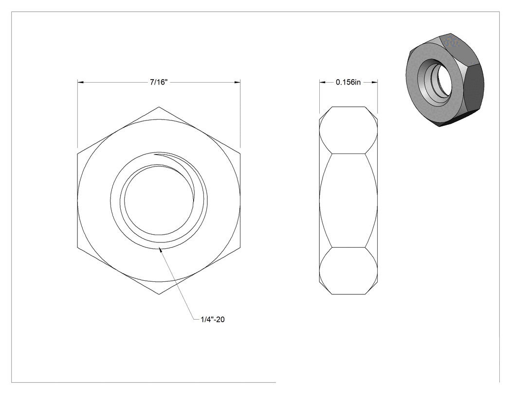 Teknik Çizim - Düşük Mukavemetli Çelik İnce Profilli Altıköşe Somun, Çinko Kaplamalı, Sınıf 2, 1/4"-20 Diş Boyutu