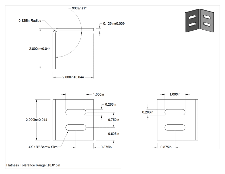 Teknik Çizim - Köşe Makine Braketi, 4 Montaj Yuvalı, 6061 Alüminyum, 2" x 2" x 2"