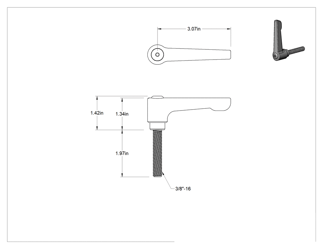 Teknik Çizim - Düşük Profilli Ayarlanabilir Tutamak, 3/8"-16 Dişli 1-15/16" Uzunlukta Saplamalı, Siyah Çinko