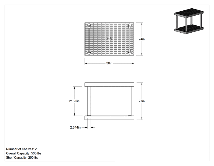 Teknik Çizim - Hızlı Montajlı Havalandırmalı Plastik Raf, 2 adet Raflı, 36" Genişlik x 27" Yükseklik x 24" Derinlik