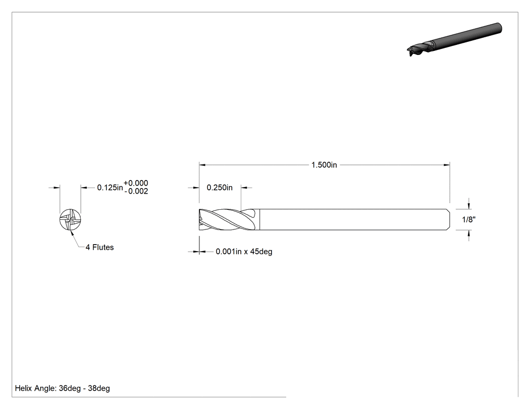 Teknik Çizim - Hızlı Kesim Karbür Kare Uçlu Freze, Pahlı Köşe, Tiaisin Kaplamalı, 4 Kanallı, 1/8" Freze Çapı