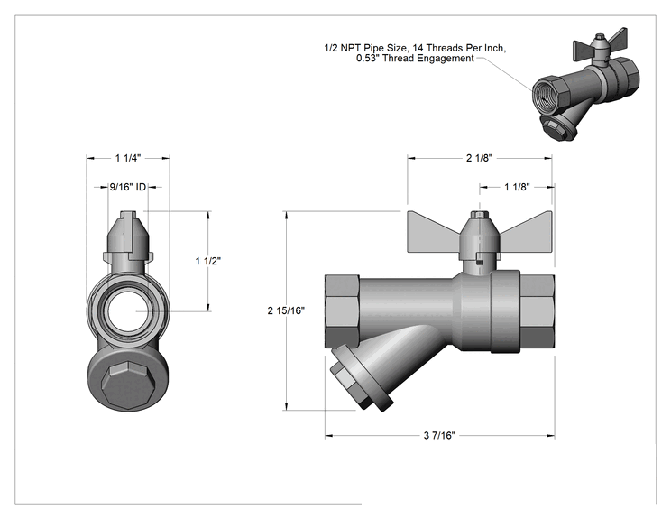 Teknik Çizim - Kolay Erişimli Süzgeçli Açma/Kapama Vanası, Pirinç Gövde, T-Saplı, 1/2 NPT Dişi x 1/2 NPT Dişi