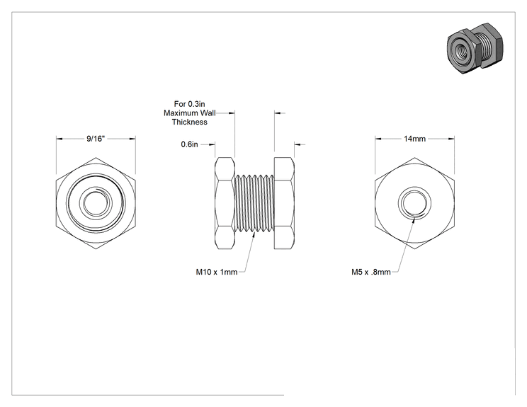 Teknik Çizim - Yüksek Basınçlı Nikel Kaplı Pirinç Boru Bağlantı Parçası, Duvar Delikli Burç, M10x1mm Erkek, M5x0.8 mm Diş Dişi