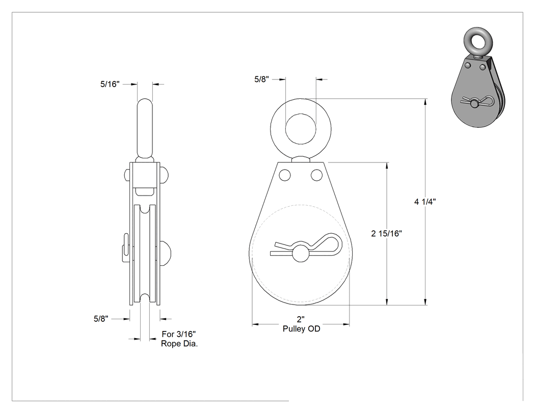 Teknik Çizim - Kaldırma için Tel Halat Kasnağı, Kolay Açma Asma, Döner Halka, 3/16" Çap için, 2" Dış Çap