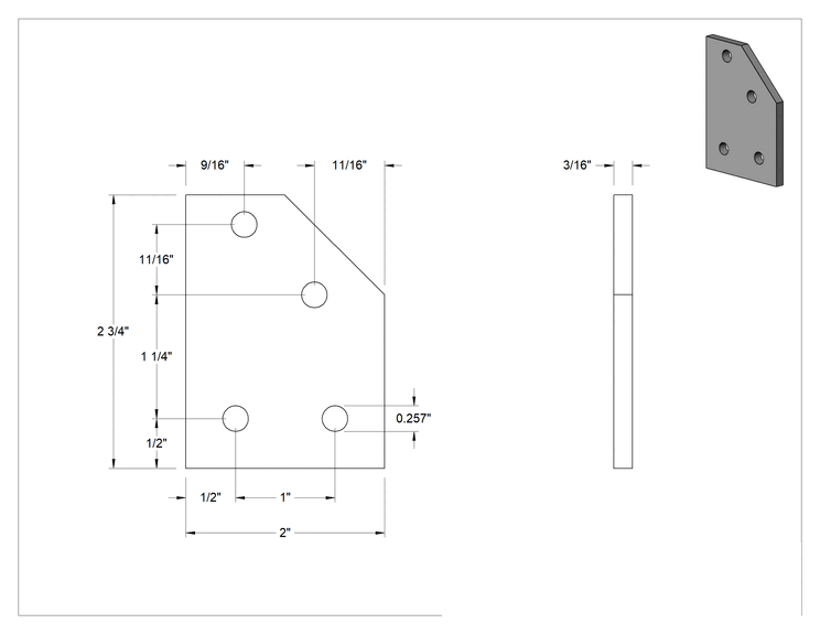Teknik Çizim - T-Yivli Çerçeve, 1" Yüksekliğinde Tek Ray için Gümüş 45 Derece Yüzey Braketi