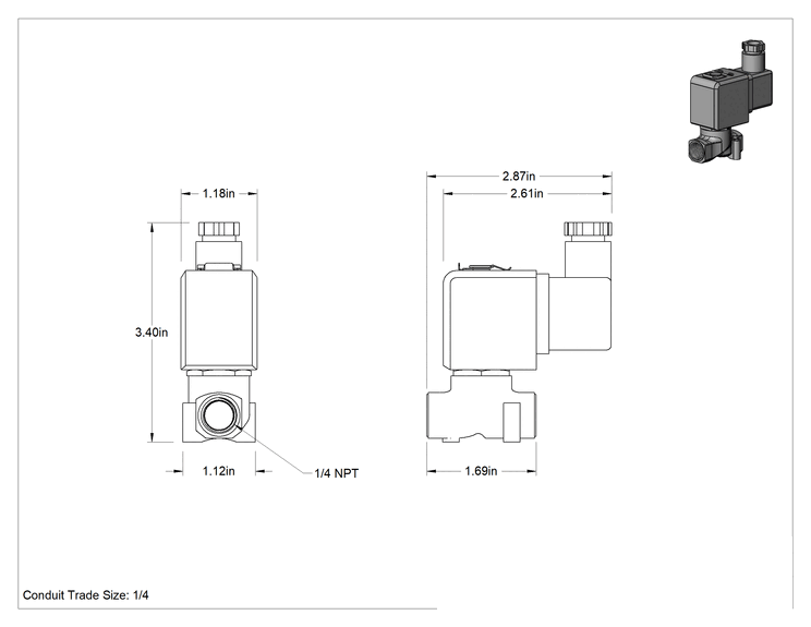 Teknik Çizim - Soğutma Suyu için Kompakt Solenoid Açma/Kapama Valfi, DIN Bağlantılı Pirinç Gövde, 24V AC, 0.35 Cv