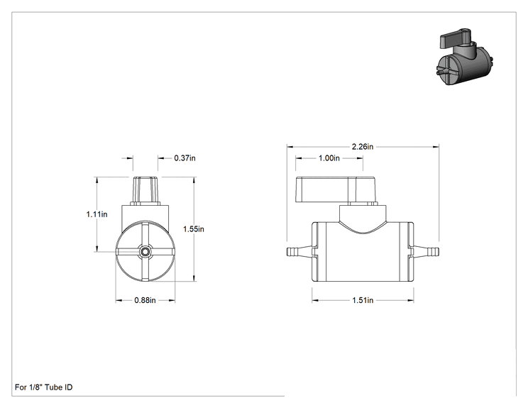 Teknik Çizim - Koyu Gri PVC Açma/Kapama Vanası, 1/8" Boru İç Çapı için Tırnaklı Bağlantı Elemanlı