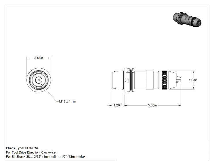 Teknik Çizim - Hsk Konik Entegre Mil ile Matkap Mandreni, Anahtarsız, Hsk-63A Şaft, 3/32" ila 1/2" Uç Şaft Boyutu için
