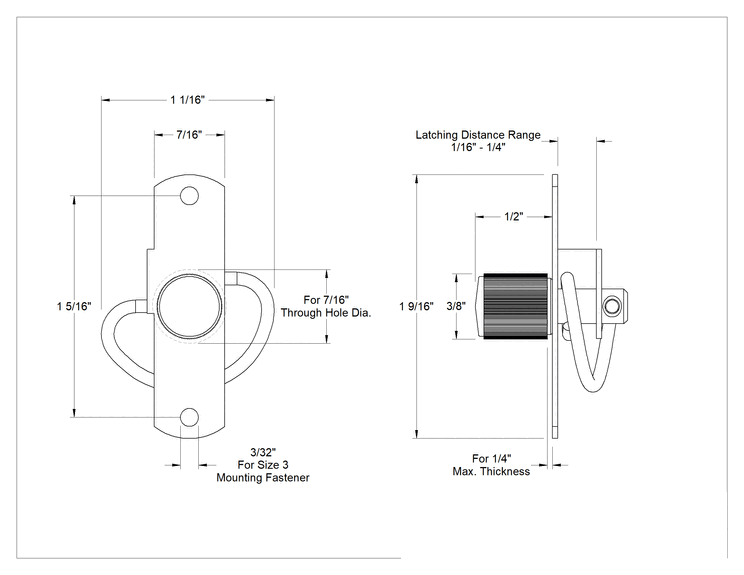 Teknik Çizim - Yaylı Kamlı Düğme Mandalları, Çinko Kaplı Çelik, 1/4" Maksimum Kalınlık için