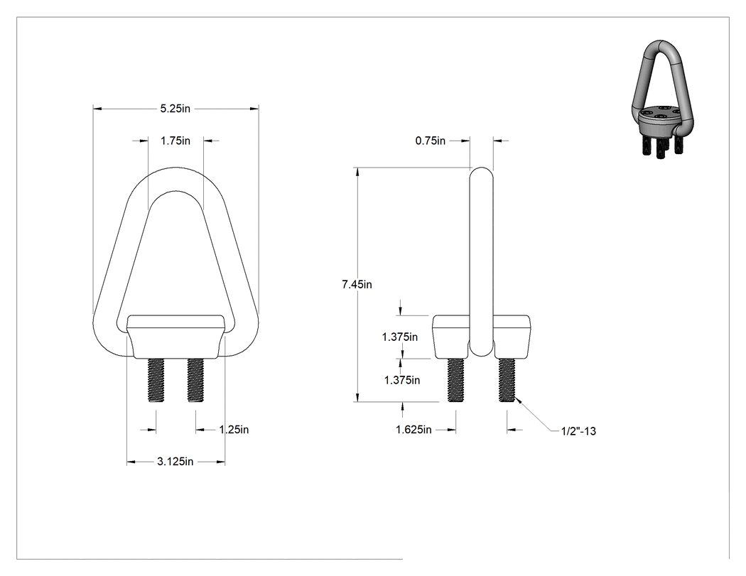 Teknik Çizim - Dönmeyen Kaldırma Halkası, 4 Montaj Deliği Olan Üçgen, 1/2"-13 Diş Boyutu