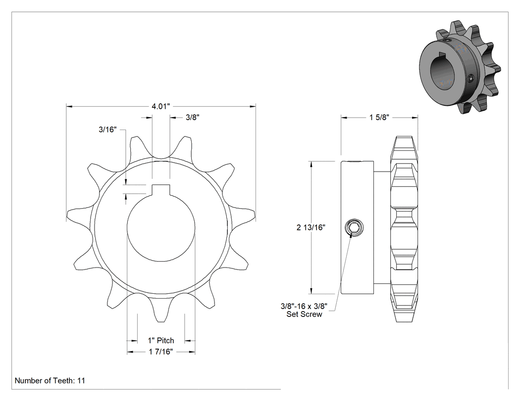 Teknik Çizim - Çelik Tek Sıralı Dişli, ANSI 80 Makaralı Zincir ve 1-7/16" Mil Çapı için, 11 Diş