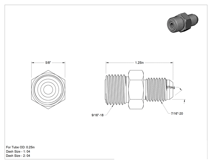 Teknik Çizim - O-Ring Yüz Contalı Bağlantı Parçası, 1/4" Boru Dış Çapı x 37 Derece Havşalı Boru için Adaptör